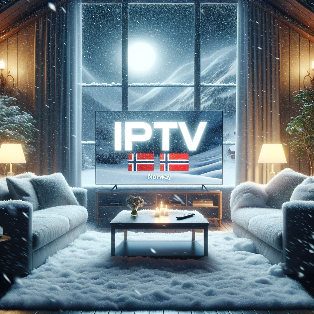 A modern living room with a VisionTV IPTV screen showcasing beautiful Norwegian landscapes.