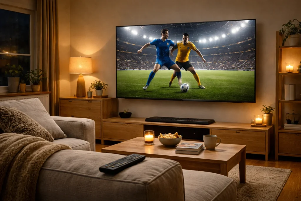 Current image: IPTV Nordic streaming on a smart TV in a Scandinavian living room