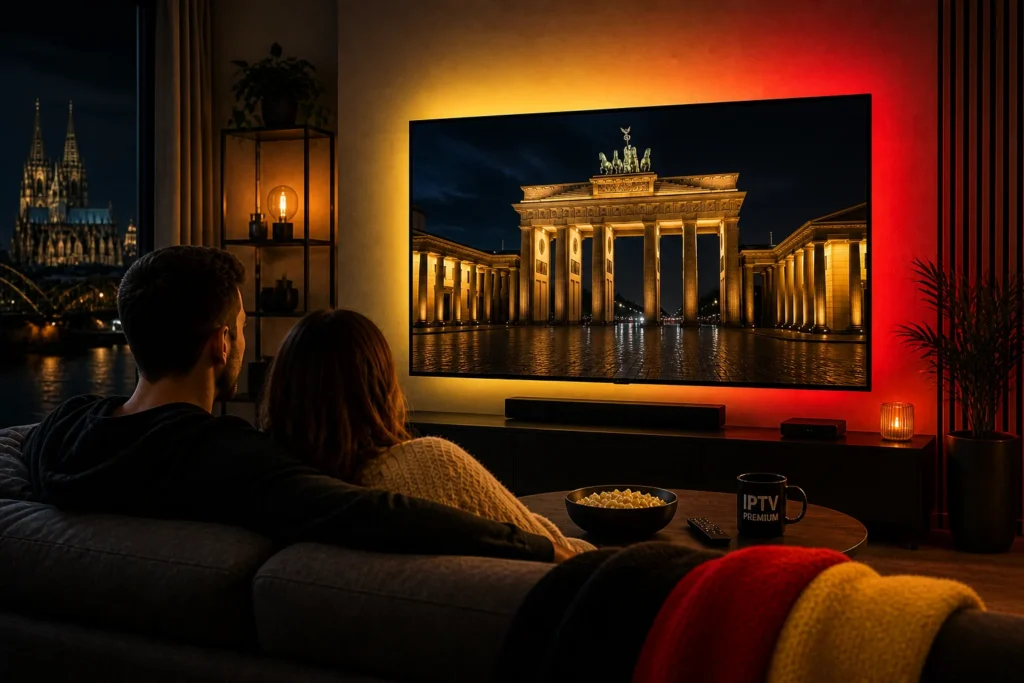 iptv anbieter deutschland streaming auf 4k smart tv in modernem wohnzimmer mit warmer beleuchtung und paar das inhalte schaut