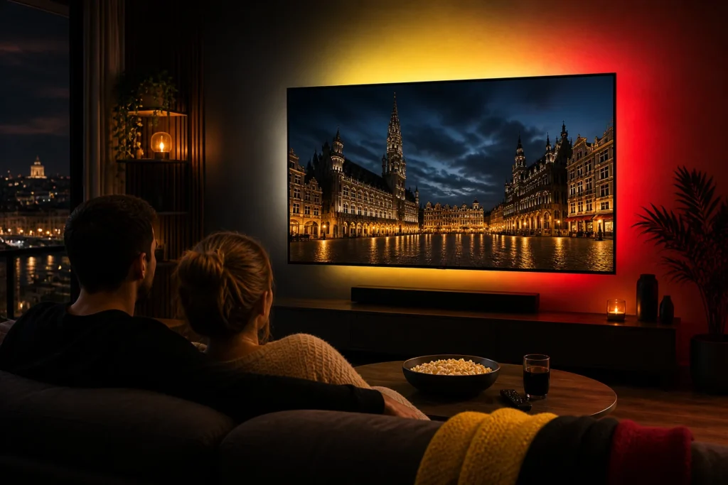 IPTV Belgique streaming stable sur TV 4K dans un salon moderne avec éclairage noir jaune et rouge, couple regardant du contenu sans interruption