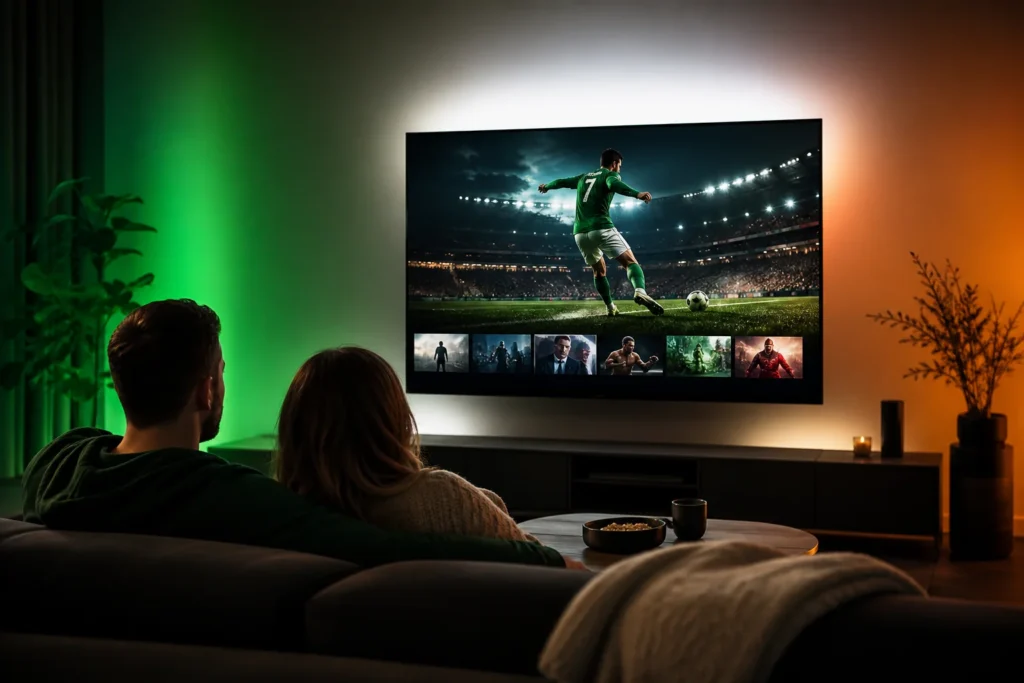 IPTV Ireland streaming on a 4K smart TV in a modern living room with green white and orange ambient lighting, couple watching live sports and premium channels