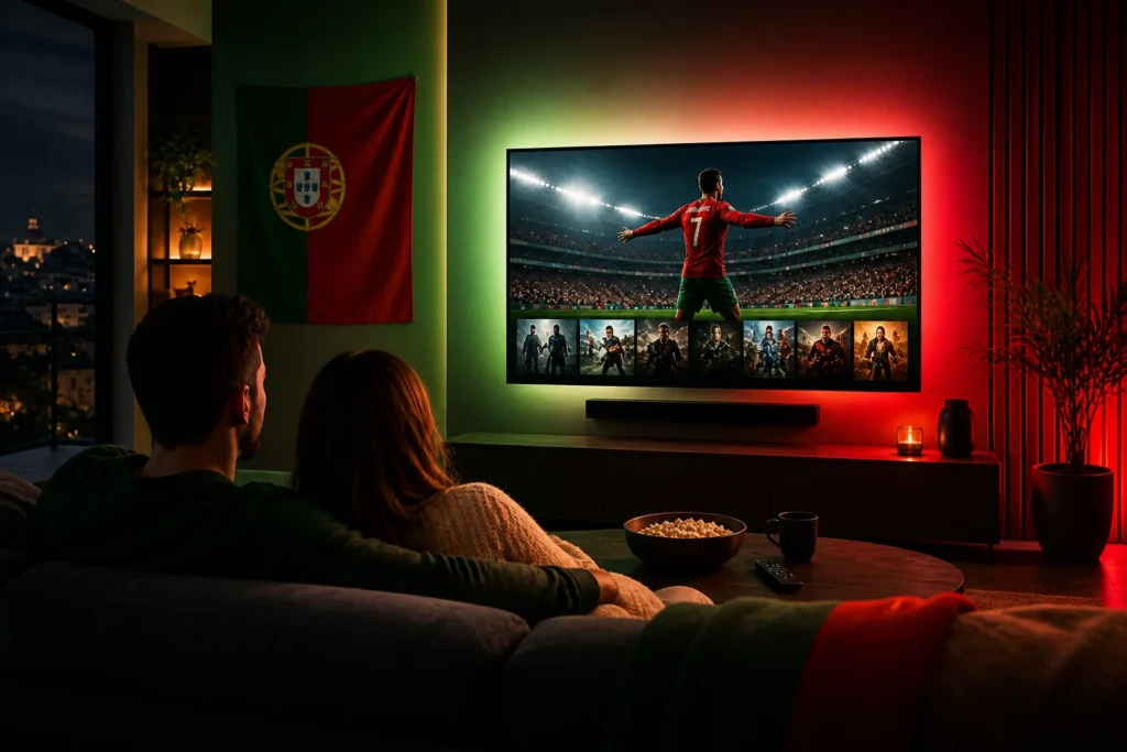 IPTV Portugal streaming em TV 4K numa sala moderna com iluminação verde e vermelha inspirada na bandeira de Portugal, casal a assistir canais e filmes premium